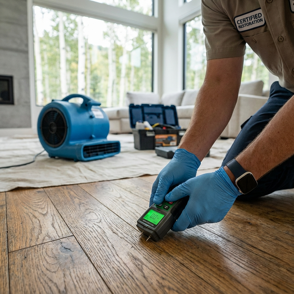 Close-up photorealistic shot of a certified restoration technician using a moisture meter on hardwood flooring inside a mo...