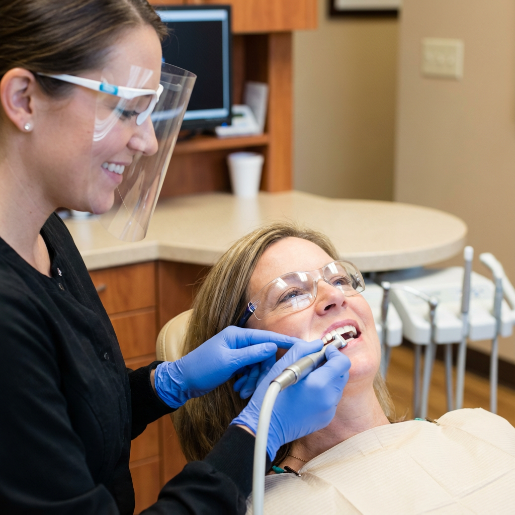 Close-up photorealistic shot of a female dental hygienist gently polishing a middle-aged American patient’s teeth in a mod...
