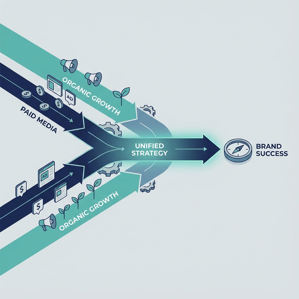 Is Google Ads Worth It for Small Business, Smart ROI Tactics 3 In-content conceptual image showing a roadmap of paid and organic marketing working together, isometric illustrative style...