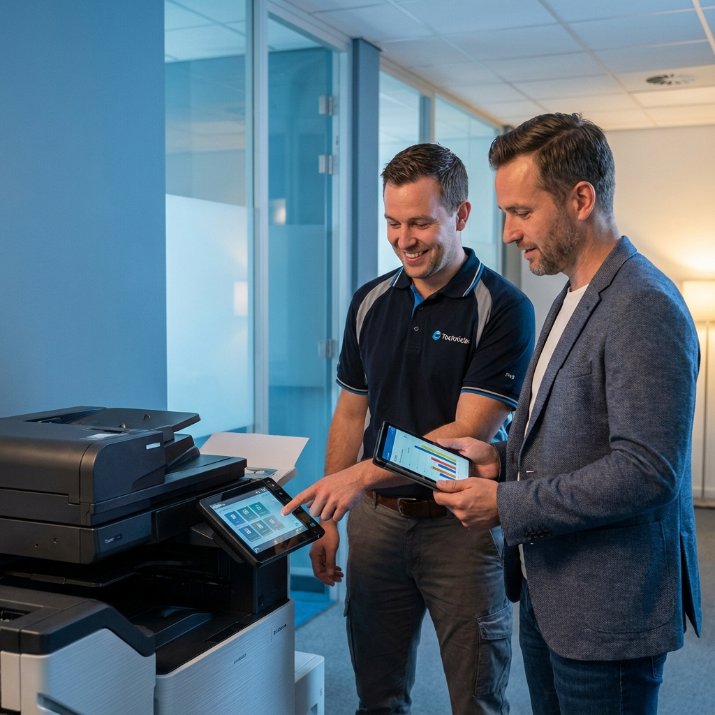 Photorealistic mid-shot of a friendly technician inspecting a multi-function printer beside a team leader reviewing usage ...