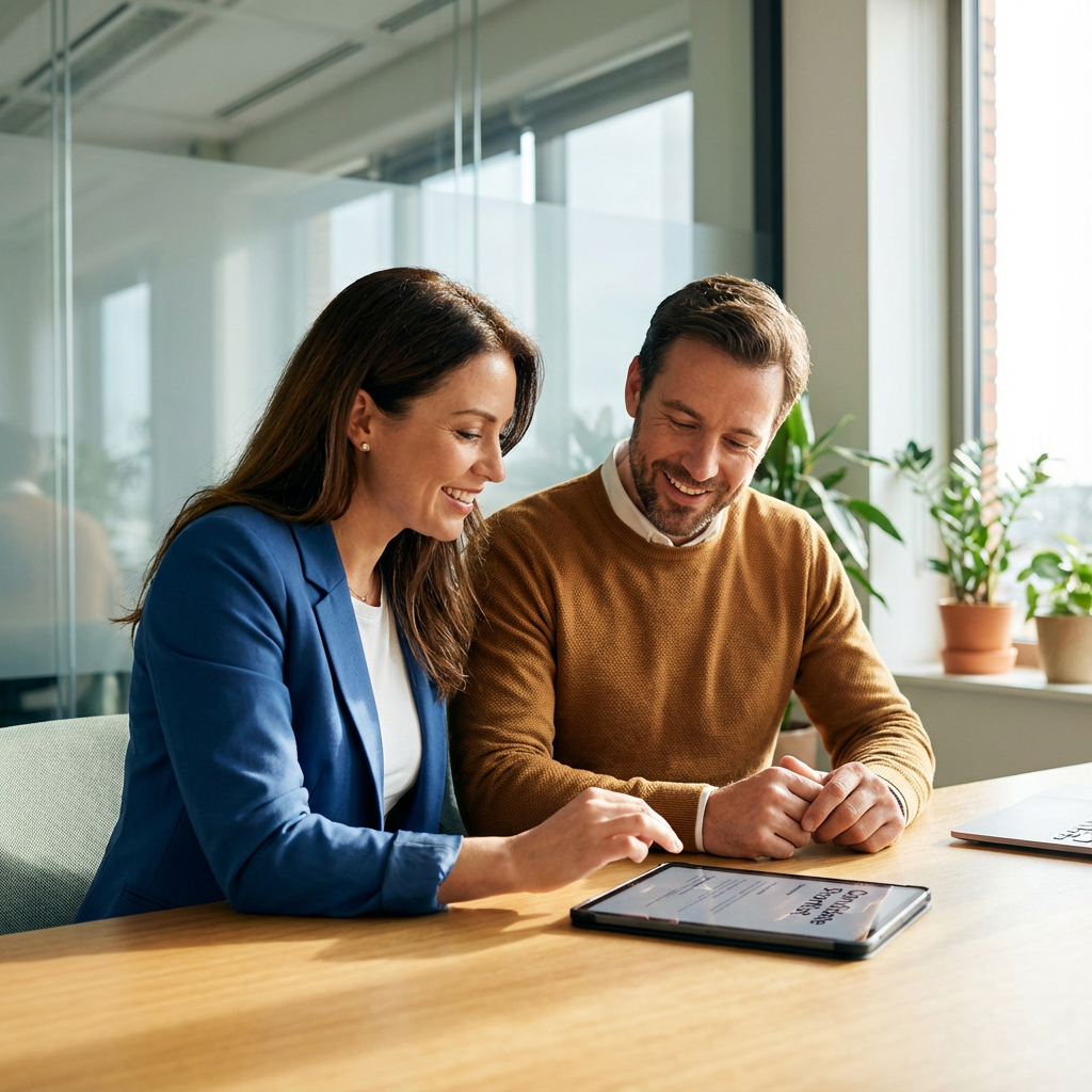 Clean, photorealistic mid-shot of a recruiter and a behavioral health leader in a collaborative meeting, reviewing a candi...