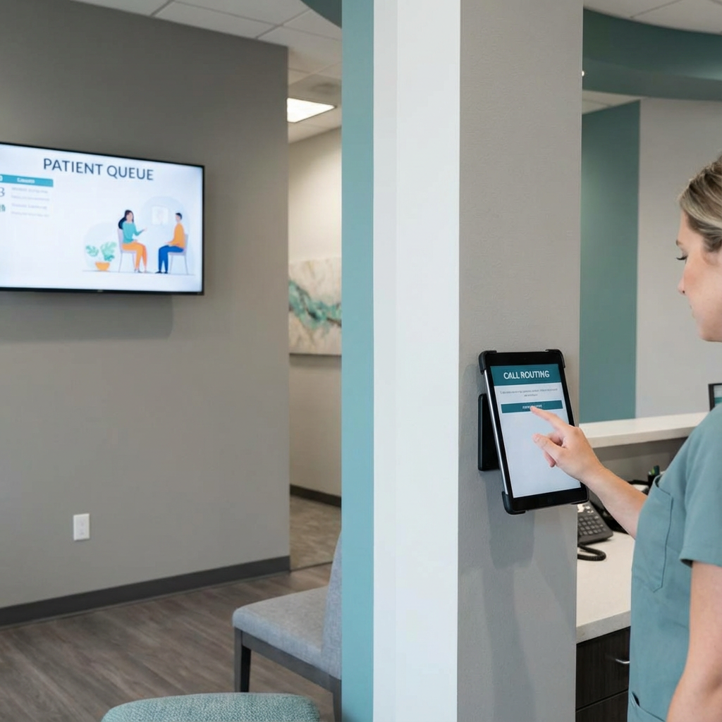 Photorealistic mid-article image of a small dental office in Tempe, staff using a wall-mounted tablet for call routing and...