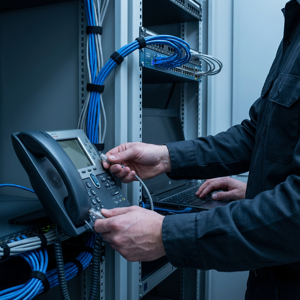 Network System Solutions | Best VoIP System for Small Business Arizona, Local Guide Checklist Photorealistic in-content image showing a technician installing an IP phone and configuring a network switch in an office ...