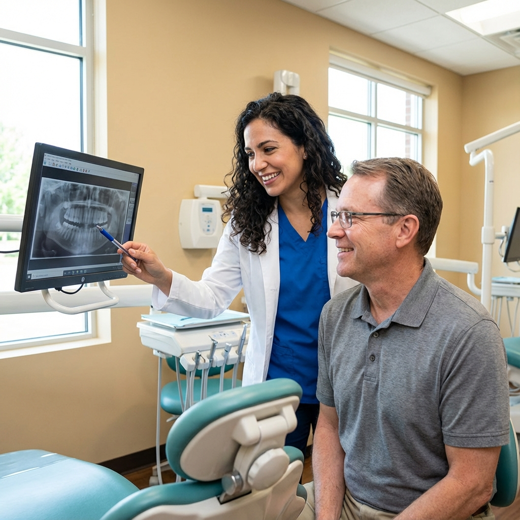 A photorealistic mid-shot of a smiling female dentist reviewing an X-ray with a middle-aged male patient in a bright exam ...