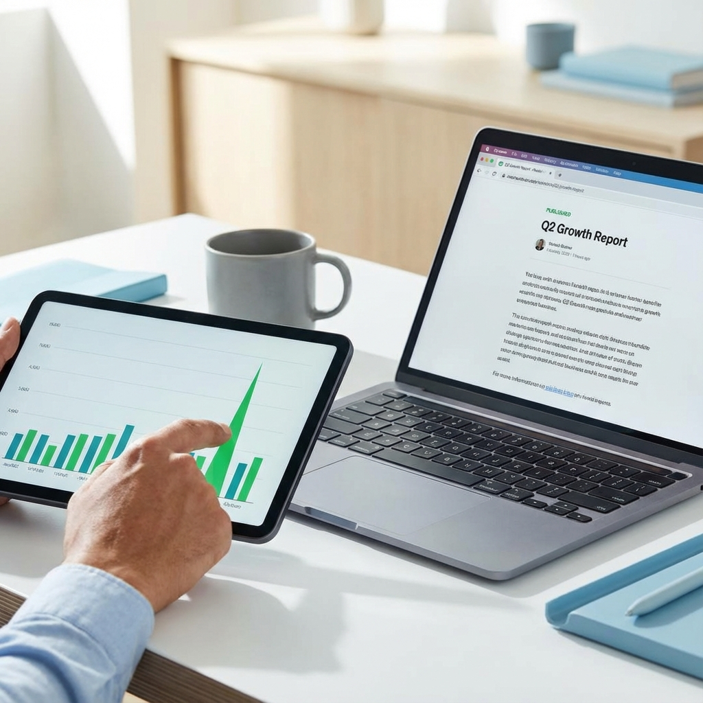 Clean photorealistic scene of a single laptop screen showing a published blog post, with a person pointing at an analytics...