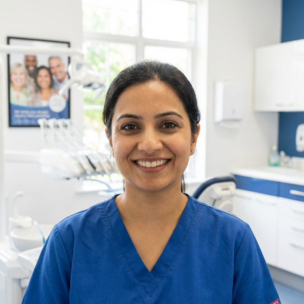 Close-up photorealistic portrait of a confident female dentist in scrubs smiling at camera in a modern clinic, friendly an...