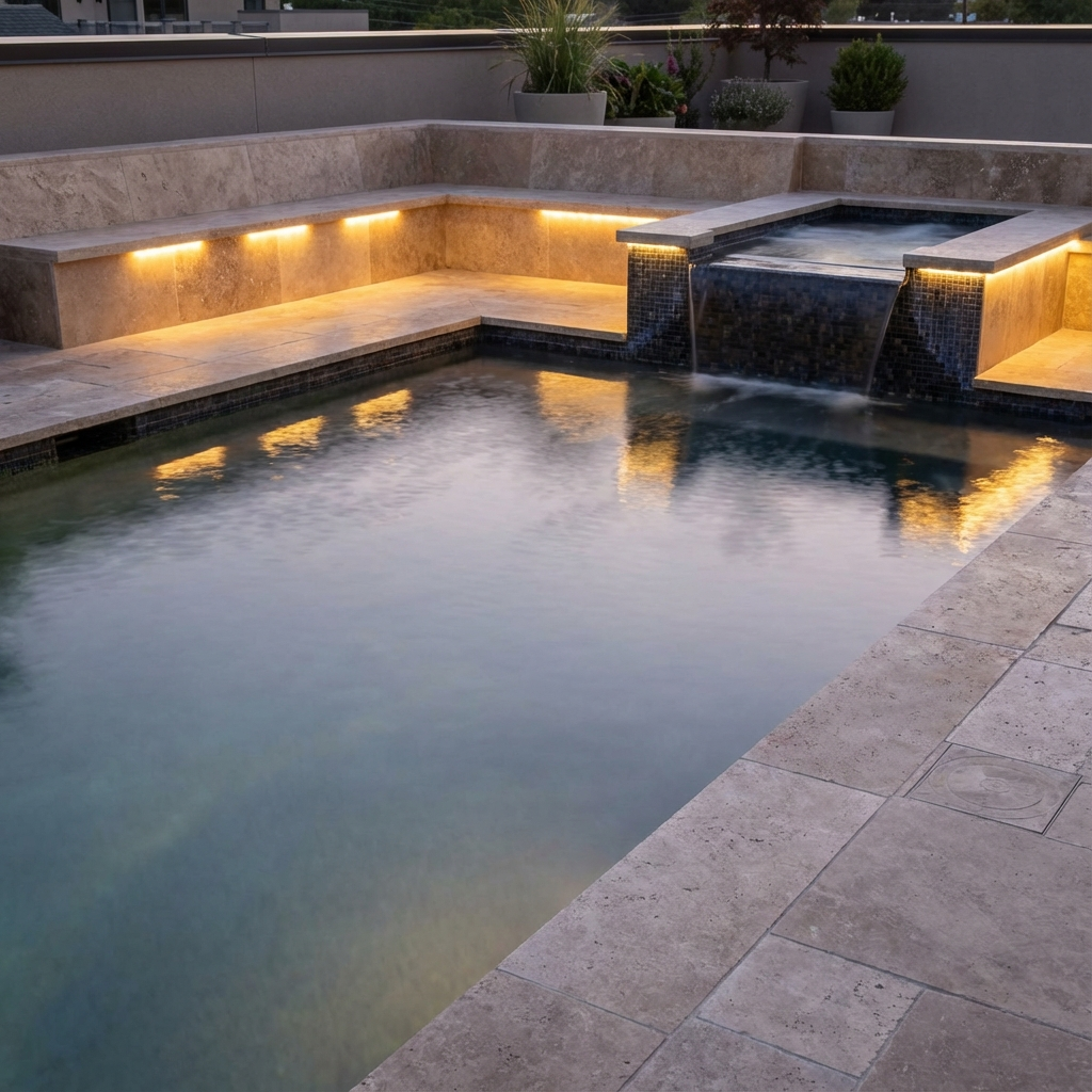 Close-up photorealistic shot of an integrated spool and spa placed on a rooftop terrace with tiled spillover, built-in ben...