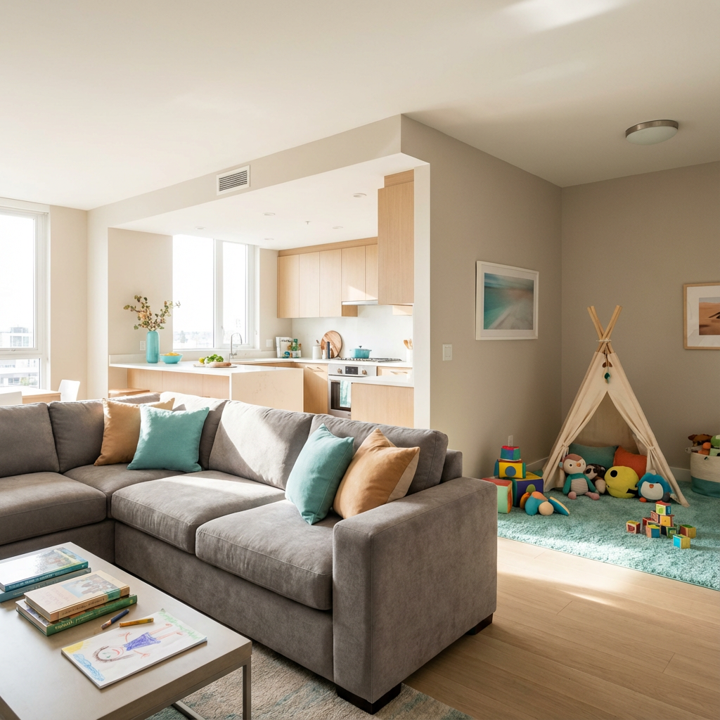 Interior shot of a modern, kid-friendly condo living room, photorealistic, bright daylight, open floor plan with couch, pl...