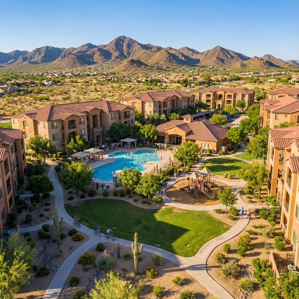 Aerial daytime view of a suburban condo complex with pool, playground, and walking paths, photorealistic, crisp blue skies...