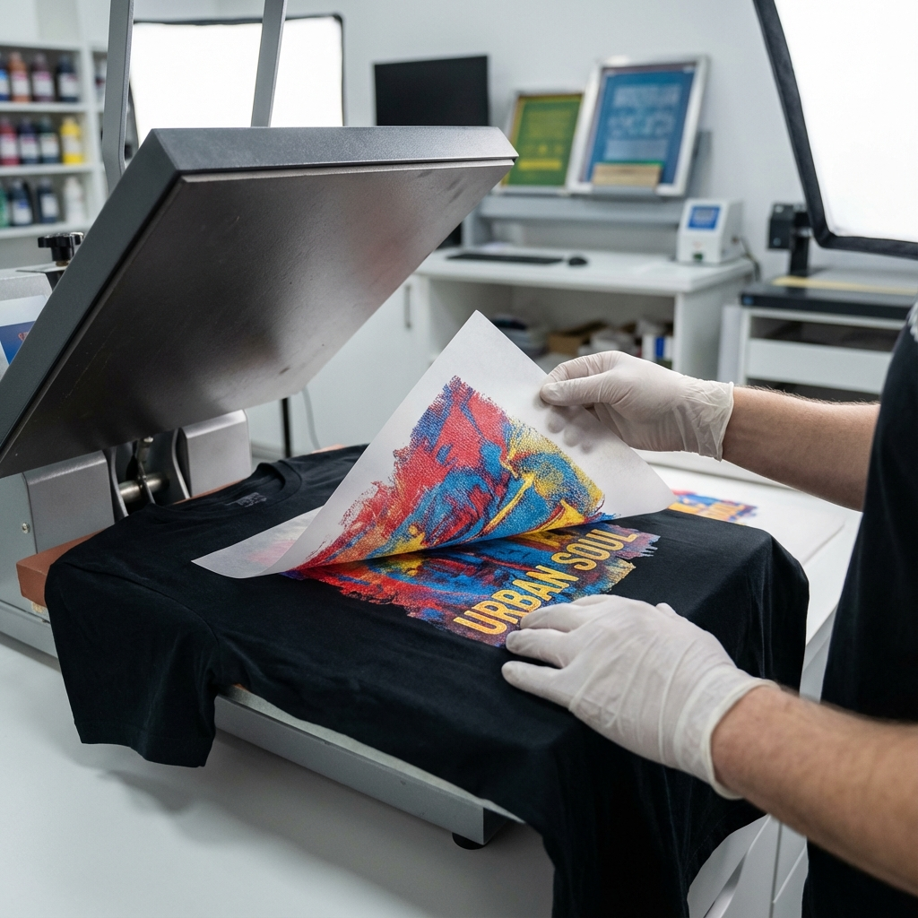 Photorealistic close-up of hands placing a colorful DTF transfer onto a black cotton tee inside a heat press, studio light...