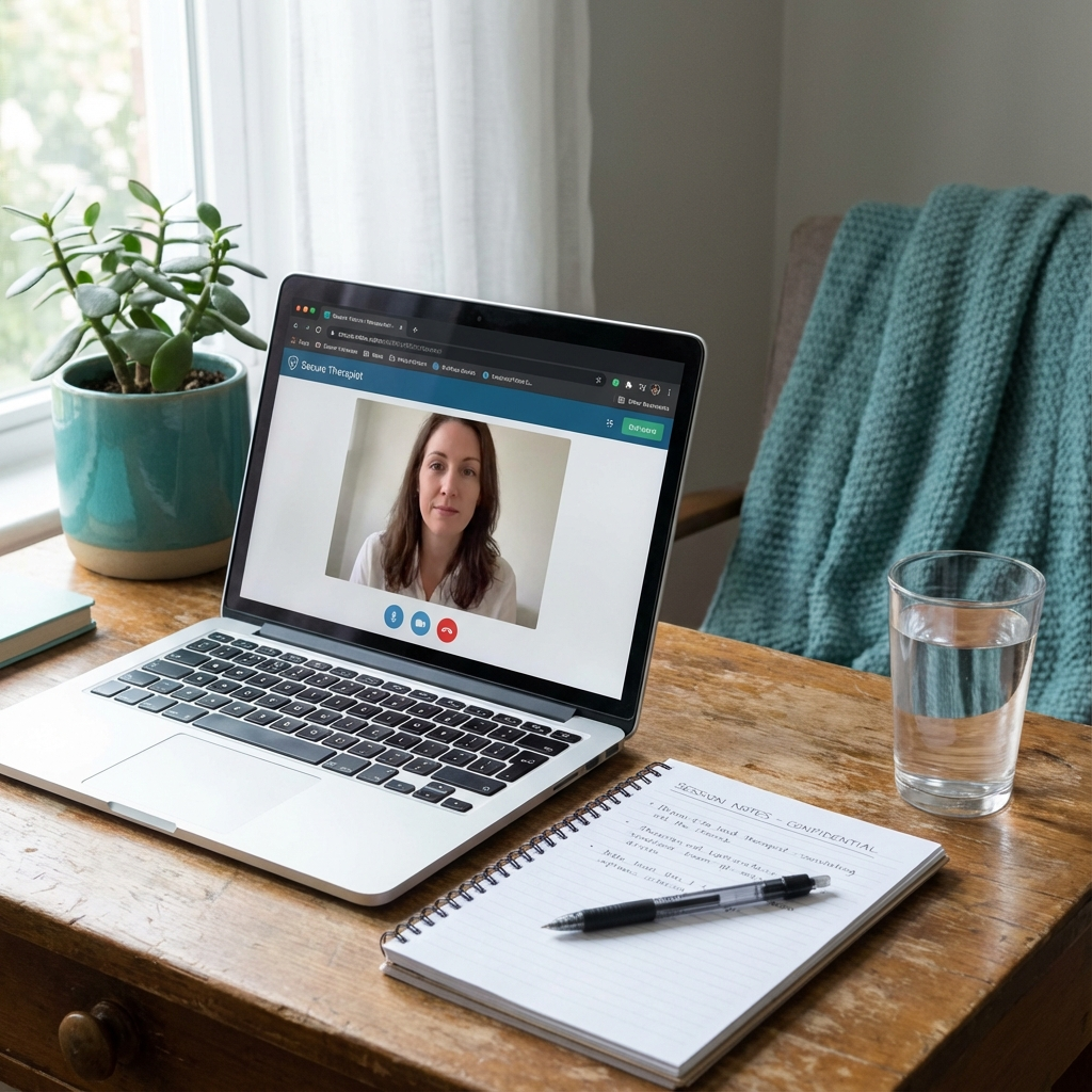 Photorealistic mid-shot of a therapist’s telehealth setup: a laptop with a secure video session showing a clinician, a not...