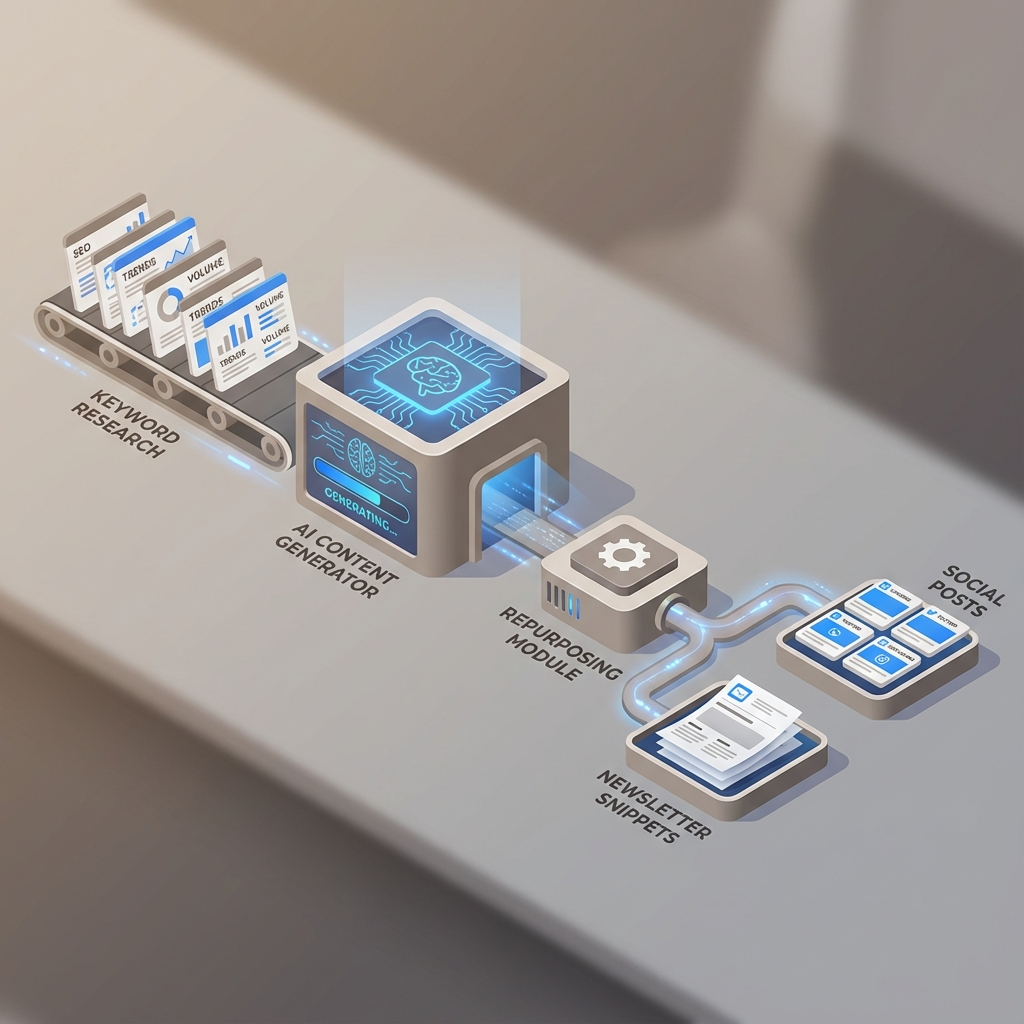 Isometric, photorealistic mid-page visual showing an automated content pipeline: keyword research cards feeding into an AI...