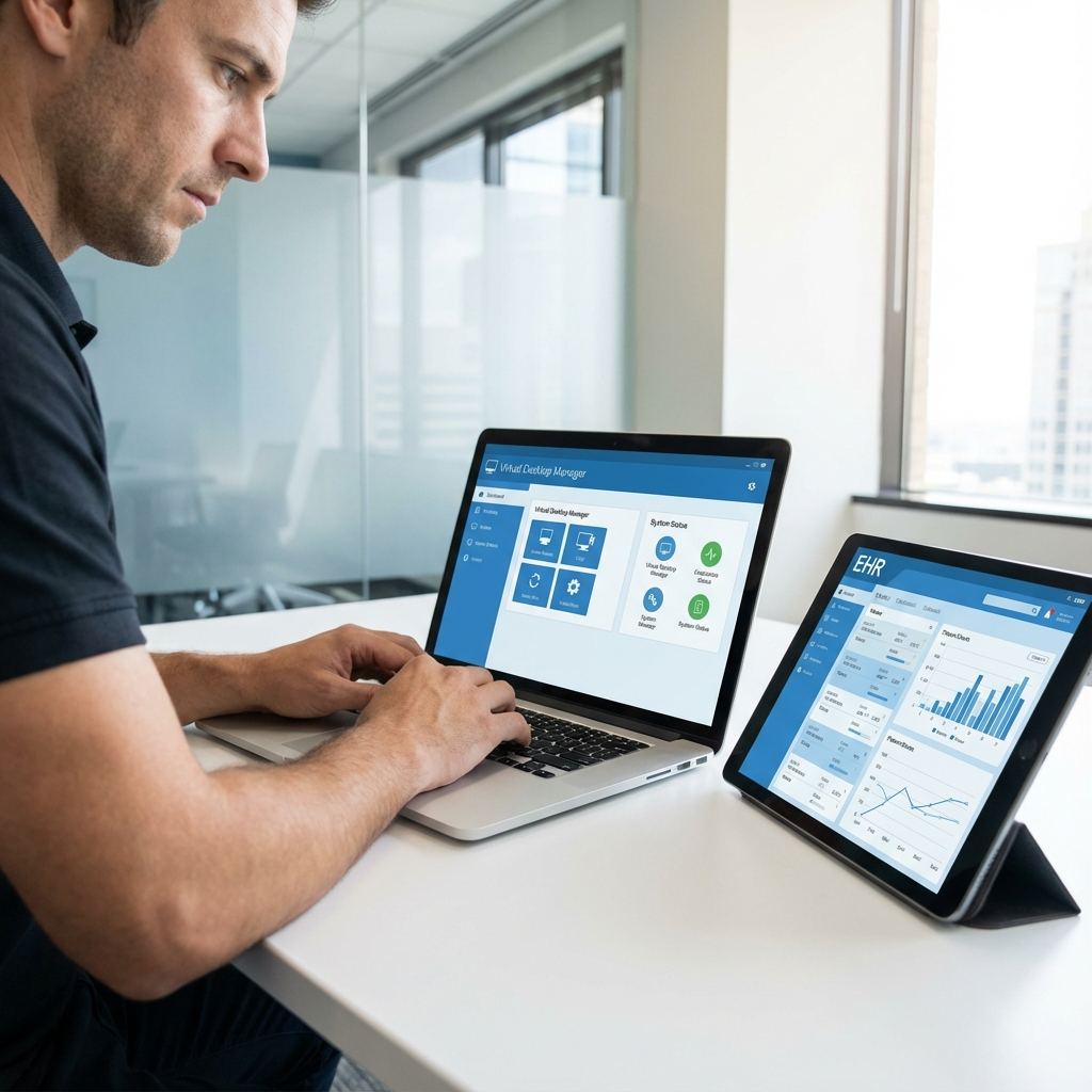 A photorealistic close-up showing a technician configuring a virtual desktop dashboard on a laptop next to a tablet displa...