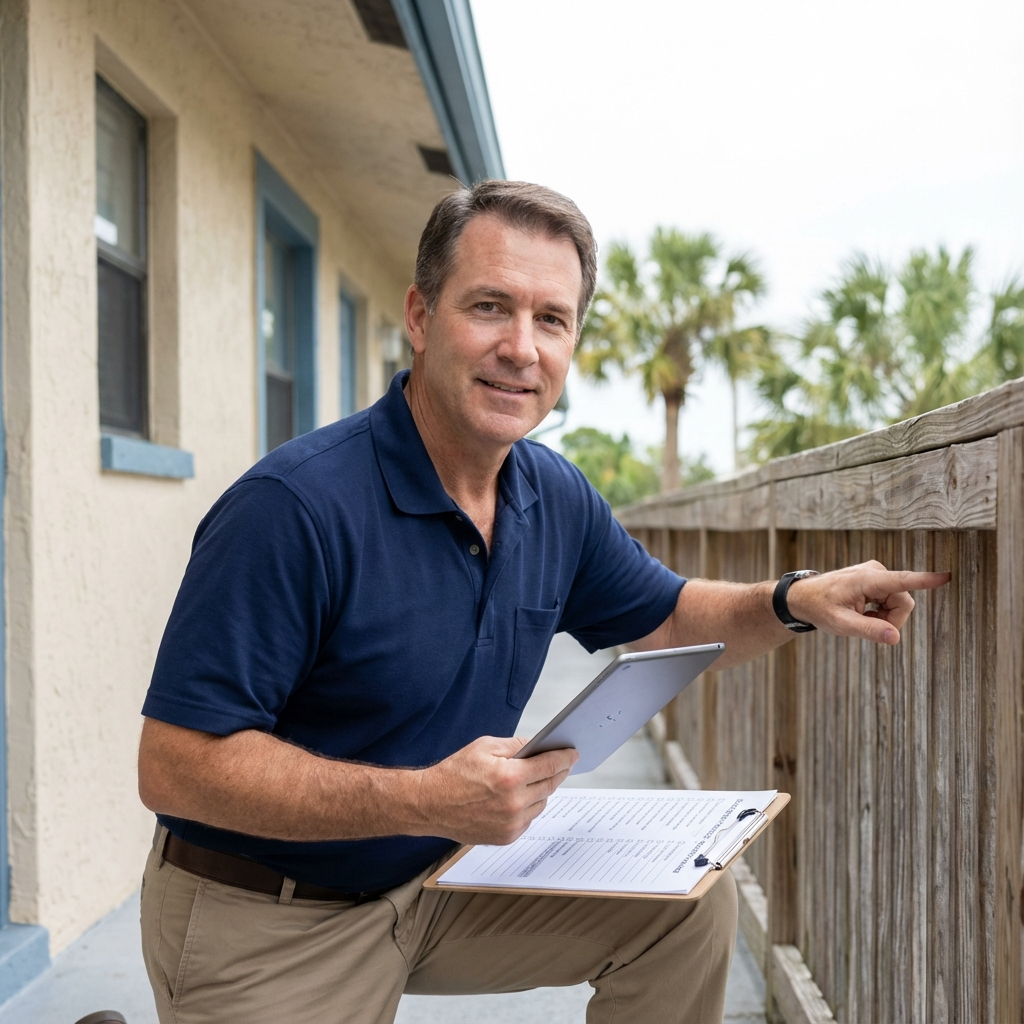 Close-up photorealistic scene of a property manager inspecting a Fort Pierce multi-family building exterior, professional ...