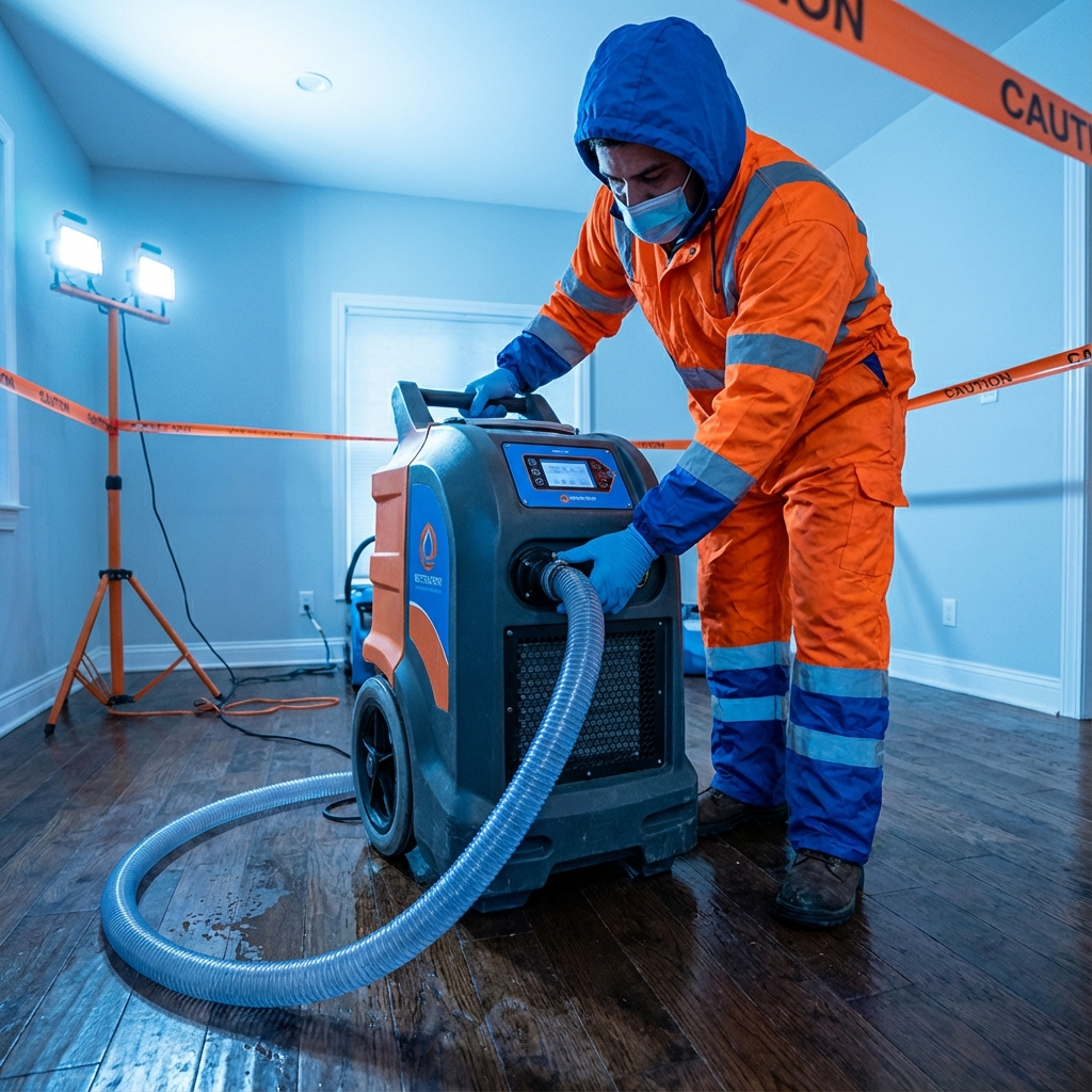 Close-up photorealistic shot of a restoration technician wearing protective gear using a high-capacity water extractor on ...