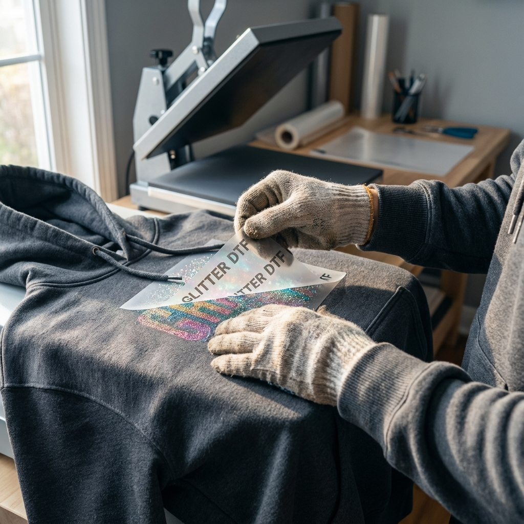 Close-up photorealistic shot of a craftsperson removing a glitter DTF transfer film from a chest print on a charcoal hoodi...