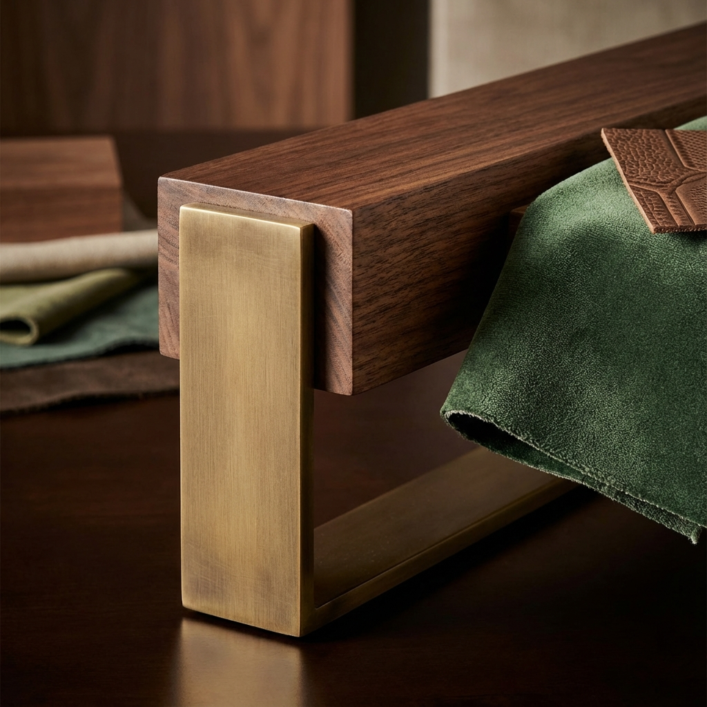 A polished, photorealistic interior shot showing a close-up of premium materials: a cantilever table base with brushed bra...