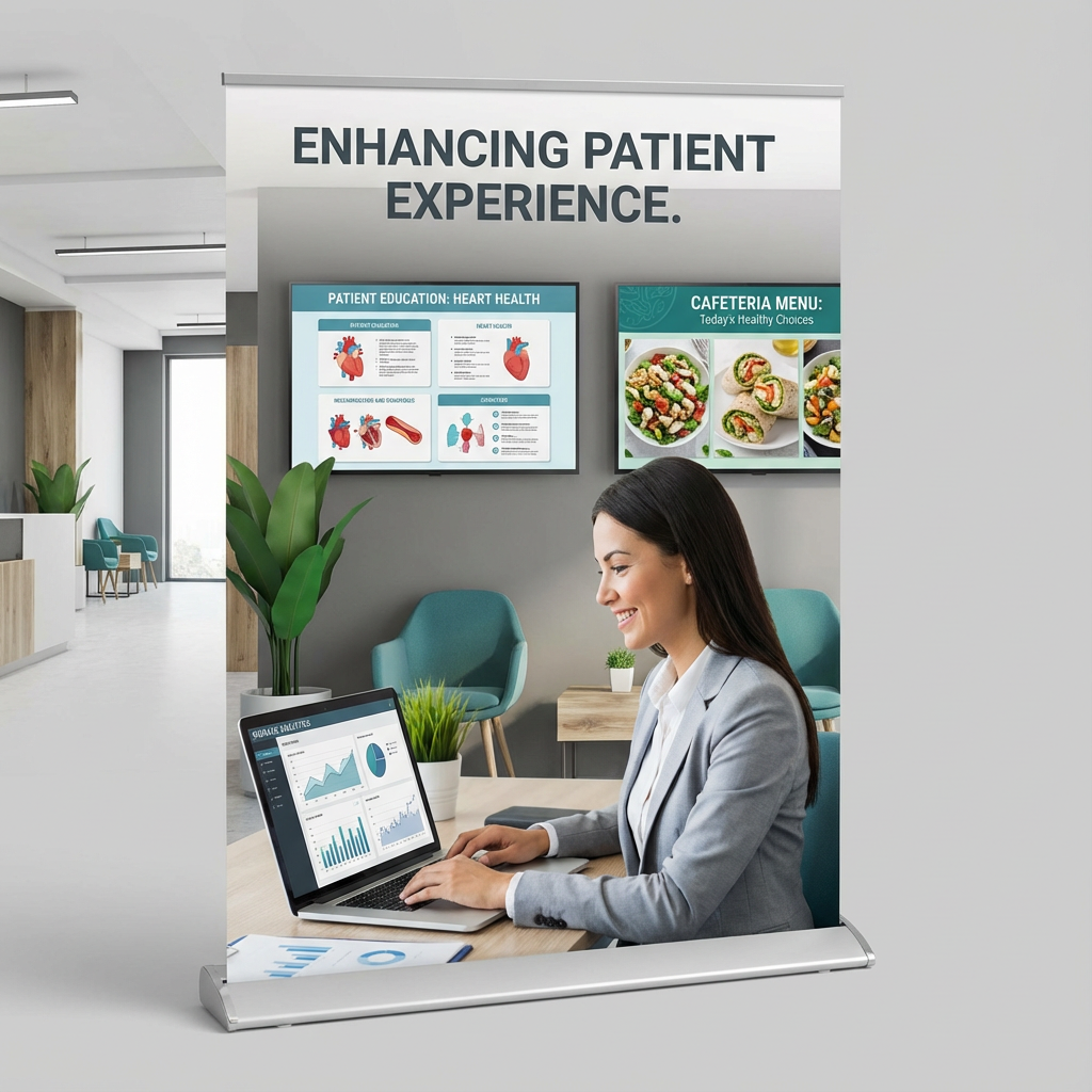 Network System Solutions | Digital Signage Solutions for Healthcare, Arizona Clinics AZ Clean in-office banner showing a clinic manager reviewing signage analytics on a laptop, two mounted displays in backgroun...