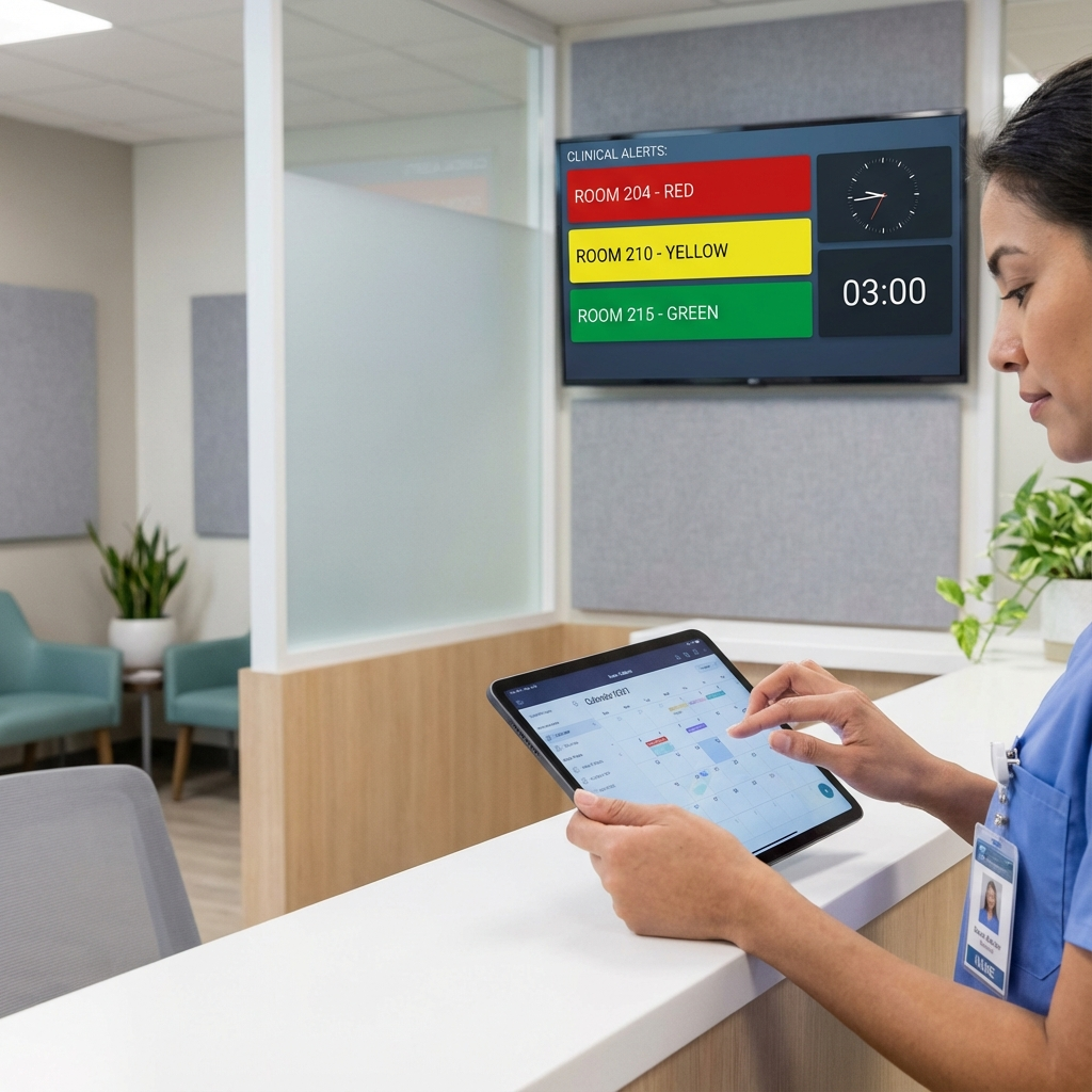 Network System Solutions | Digital Signage Solutions for Healthcare, Arizona Clinics AZ Photorealistic scene of a nurse station showing a wall-mounted display with color-coded clinical alerts, office staff usin...