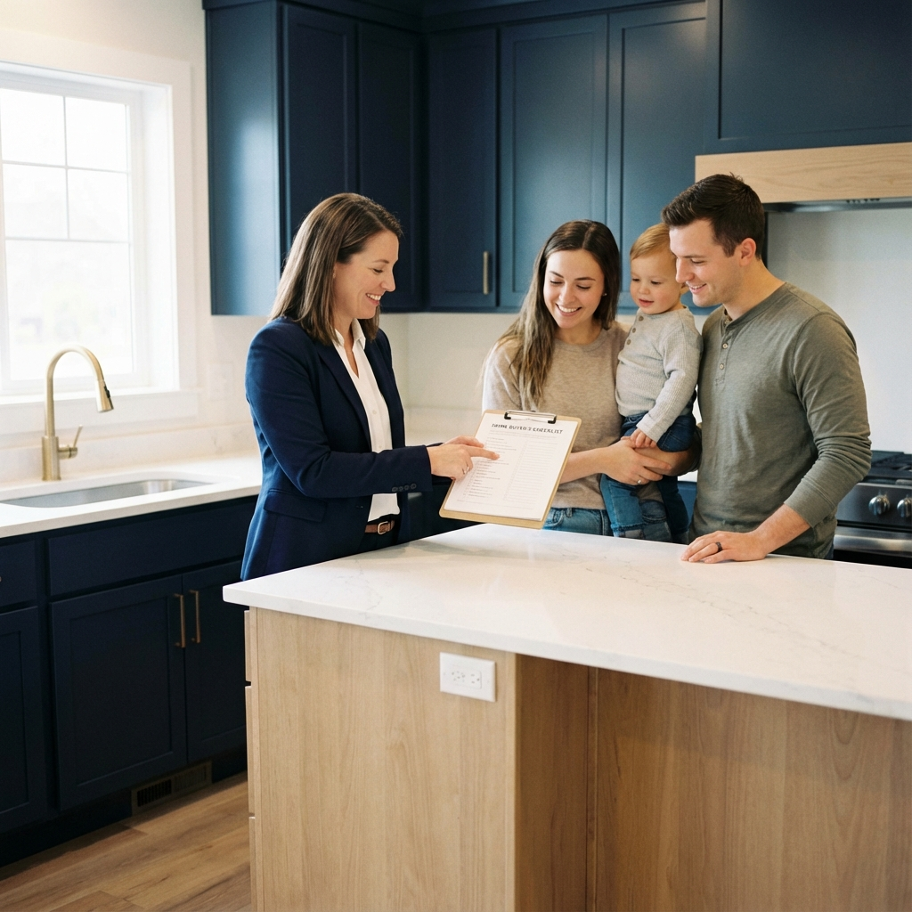 Close-up scene showing a real estate agent explaining a checklist to a young family at a kitchen island, photorealistic, f...