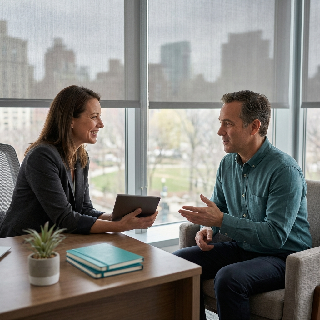 Photorealistic close-up of a hiring manager and a therapist candidate in a friendly interview, modern office setting, cand...