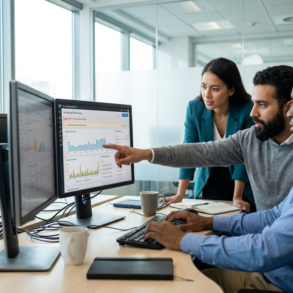 Photorealistic in-content image showing a small team of IT professionals collaborating at a workstation, one person pointi...