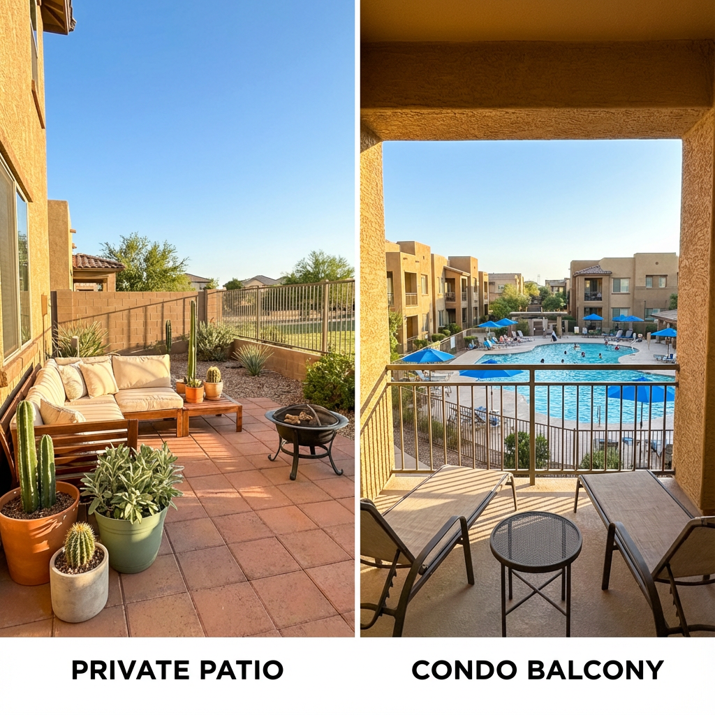 Photorealistic mid-article image of a sun-drenched house patio and a condo balcony side-by-side, showing difference in out...