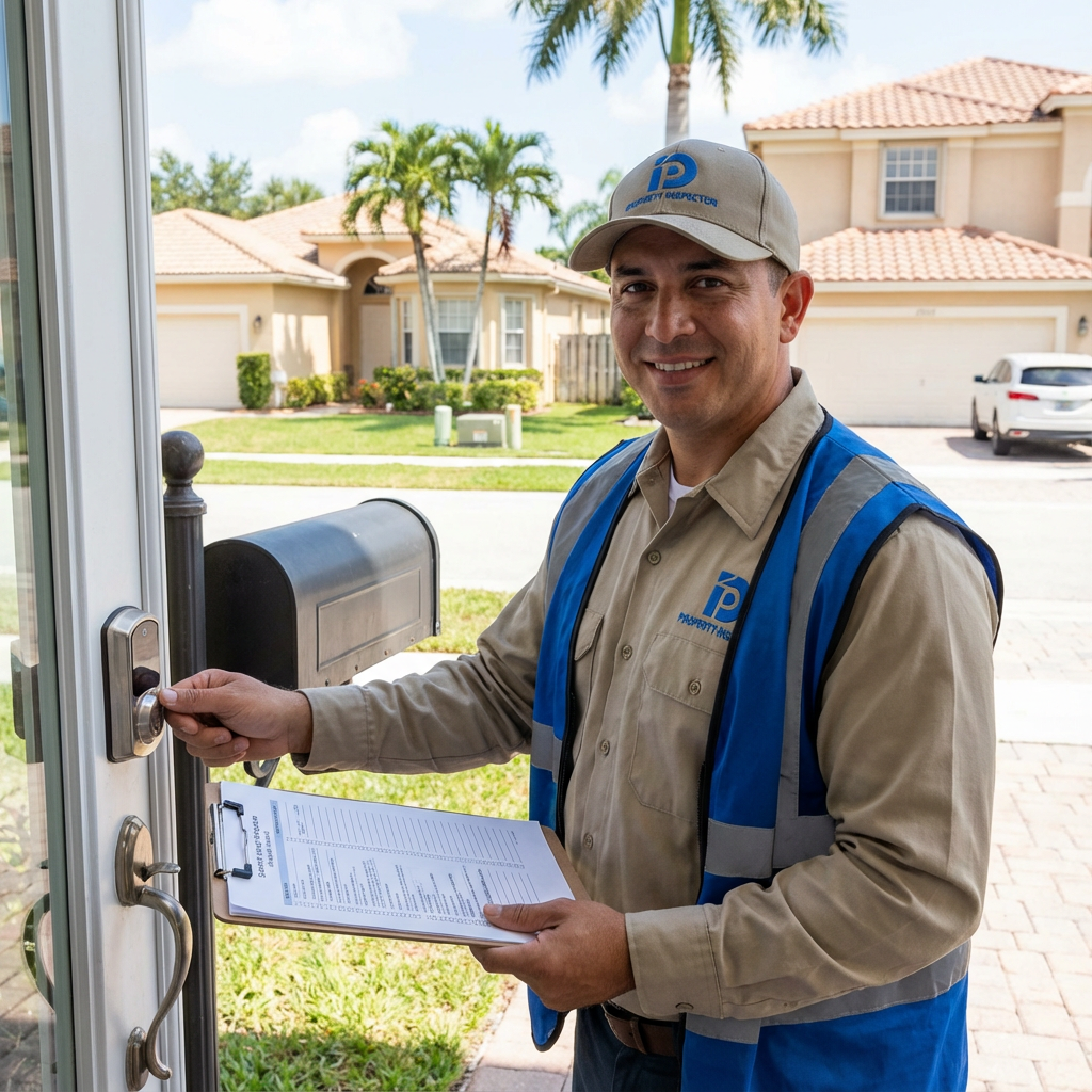 A photorealistic mid-shot of a uniformed property inspector checking a home's exterior, lock, and mailbox. Modern, trustwo...