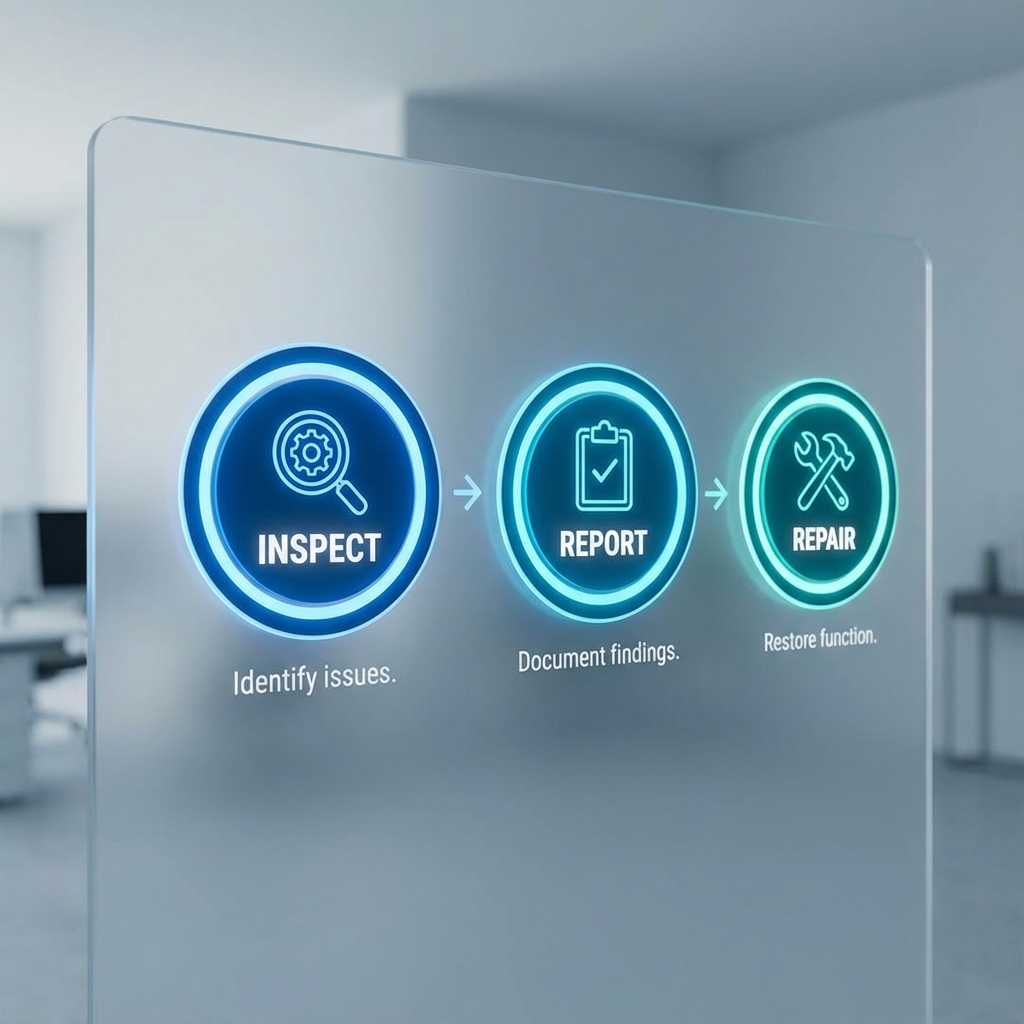 A clean, infographic-style photorealistic image showing a simple three-step process: Inspect, Report, Repair. Modern, mini...
