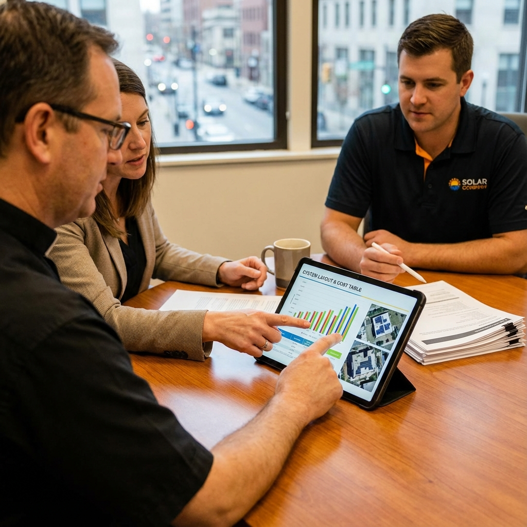 Middle-of-article photorealistic image showing a meeting between church leaders and a solar sales rep reviewing financial ...
