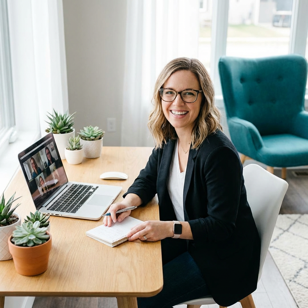 A photorealistic mid-shot of a licensed therapist in a bright home office on a video call, smiling gently and taking notes...