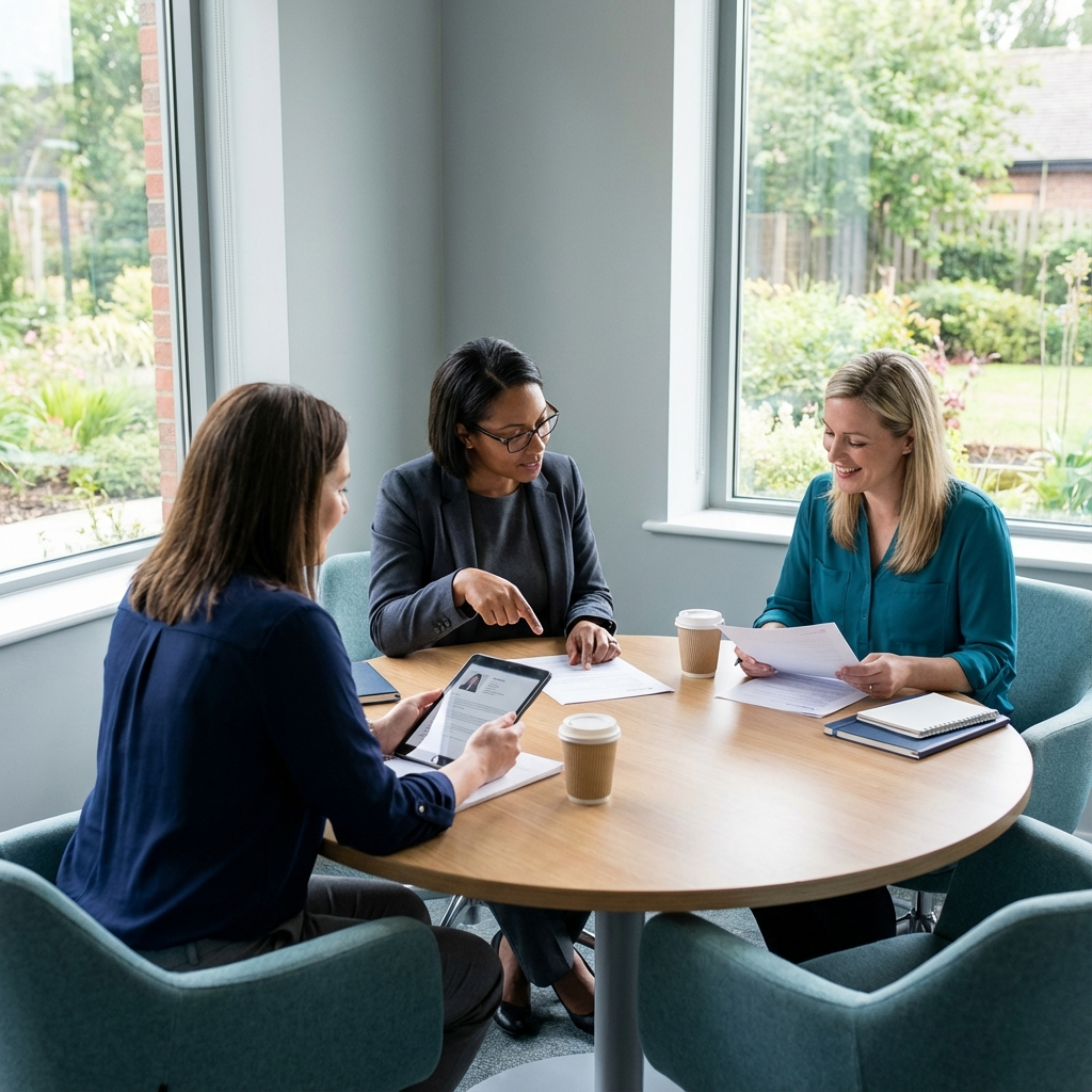 Photorealistic mid-shot of a small hiring panel meeting in a modern hospital administrative suite: three people at a round...
