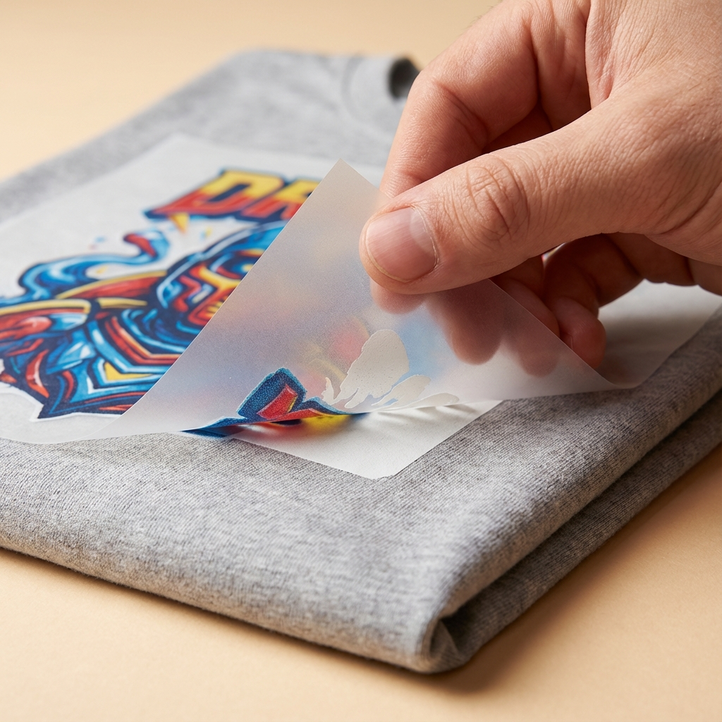 Close-up, photorealistic image of a hand holding a freshly printed DTF transfer sheet with vivid colors and clear white un...