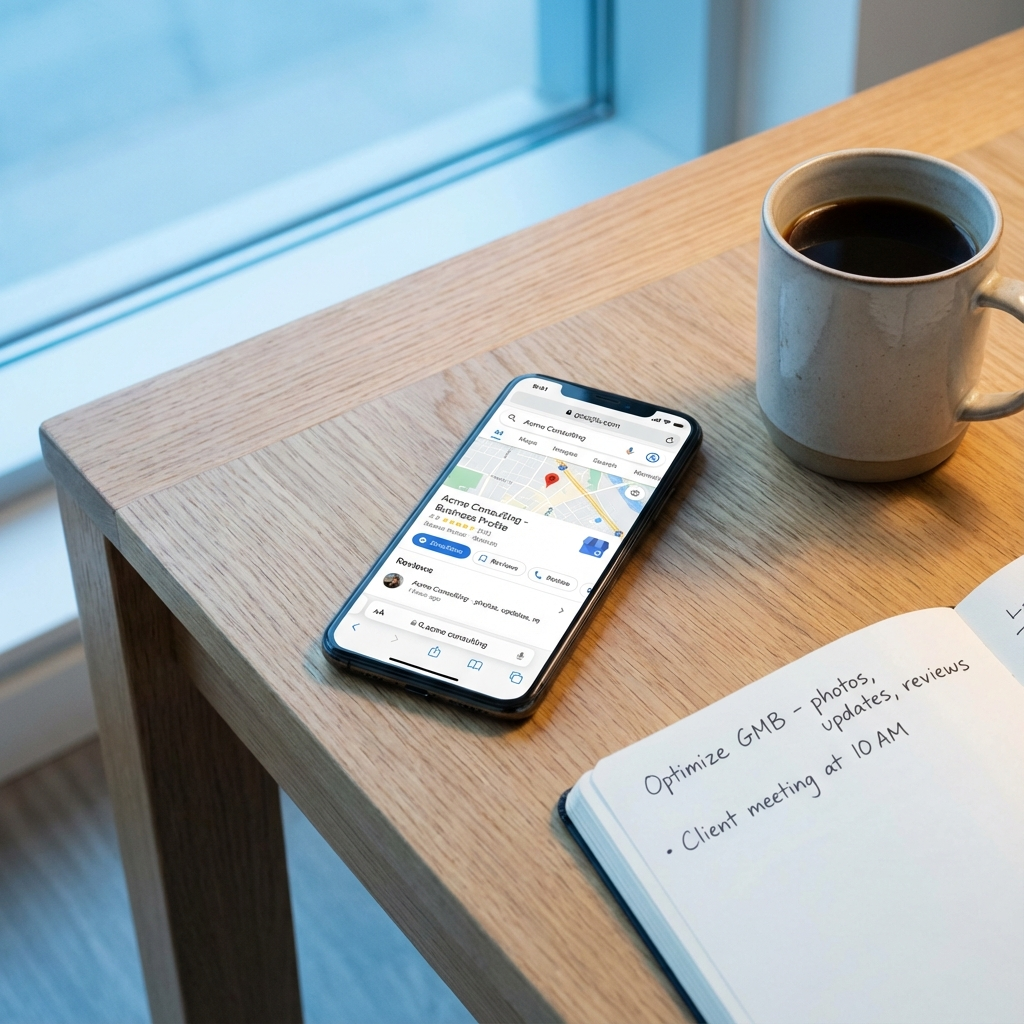 Photorealistic close-up of a smartphone showing a Google Business Profile on Maps and Search, a notebook with handwritten ...