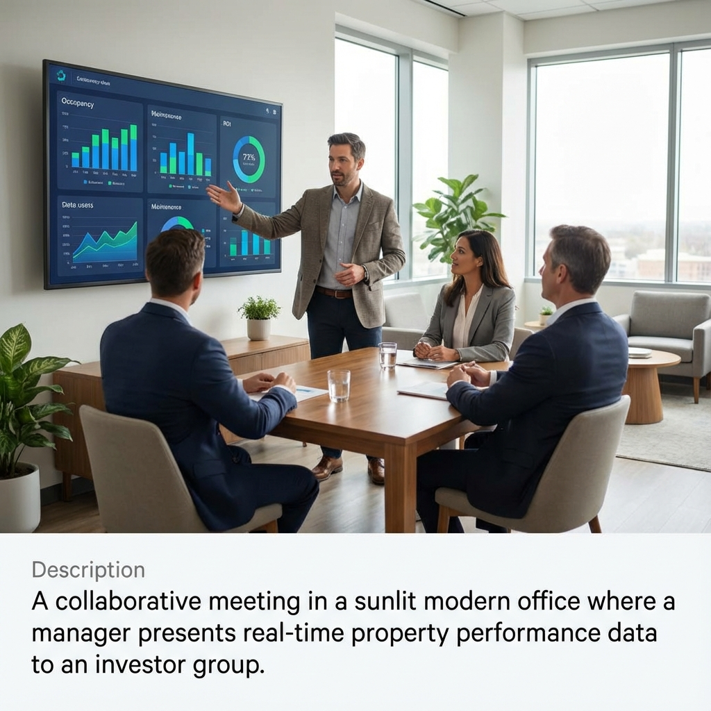 Photorealistic mid-article image of a collaborative meeting in a bright office, a manager presenting a dashboard showing o...