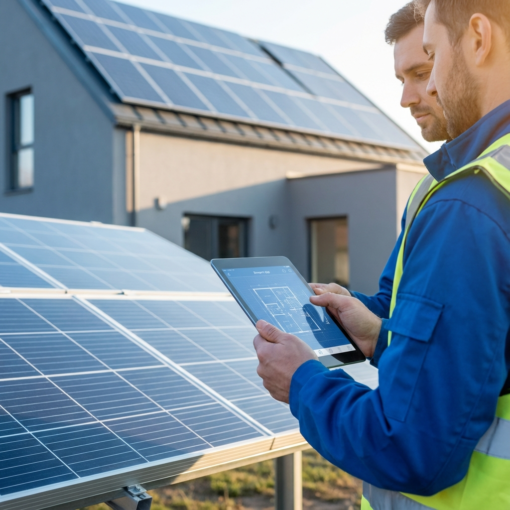 Photorealistic close-up view of a ground-mount solar array and a rooftop array in the same shot, two installers reviewing ...