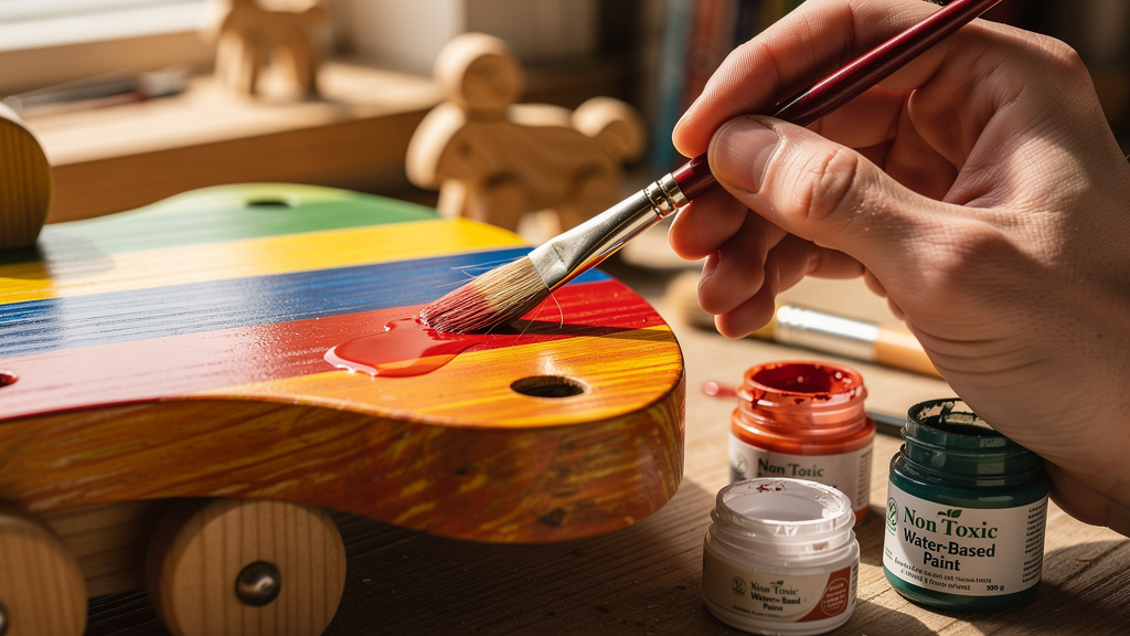 Application de peintures écologiques sur jouets bois
