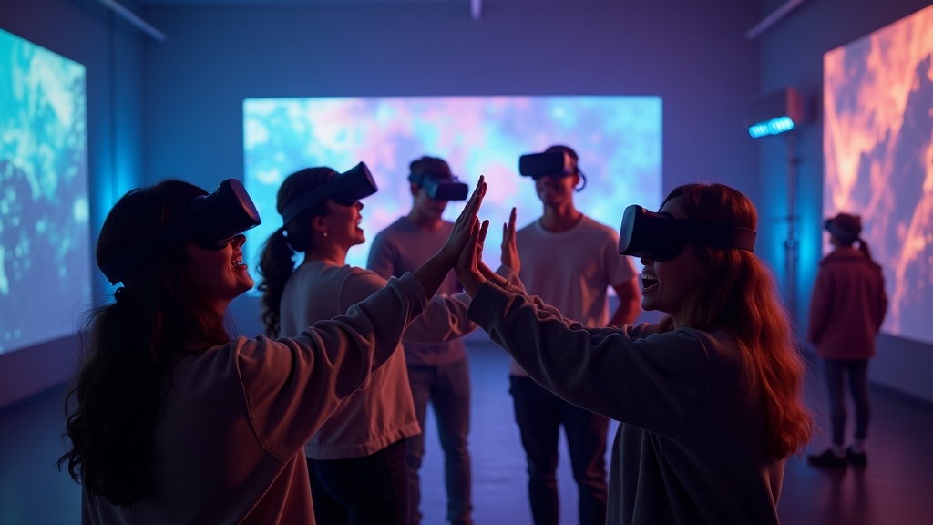 Grupo de amigos disfrutando de una experiencia de realidad virtual multijugador en Virtua Barcelona