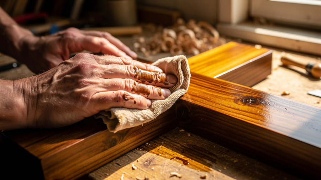 Hands staining a wooden cross to create rustic base finish