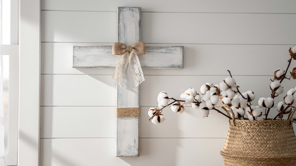 White distressed farmhouse wooden cross with burlap bow accent