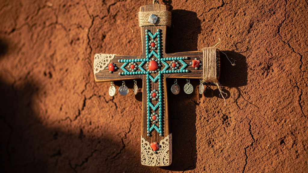 Rustic Southwestern wooden cross with turquoise beads and geometric patterns