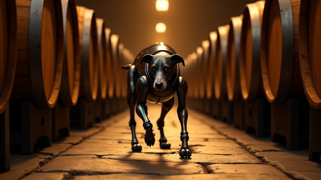 Robot Spot whisky Bacardí inspeccionando barricas en un almacén oscuro