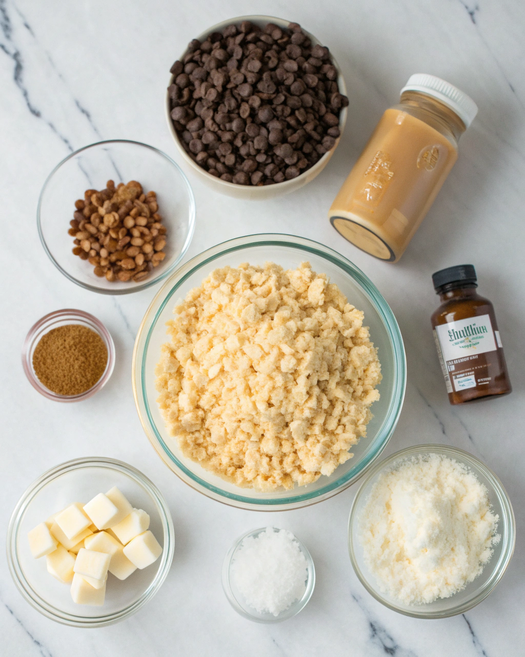 Ingredients for chocolate rice krispie balls including peanut butter, butter, vanilla, rice krispies, pecans, coconut, and chocolate chips arranged on a marble countertop