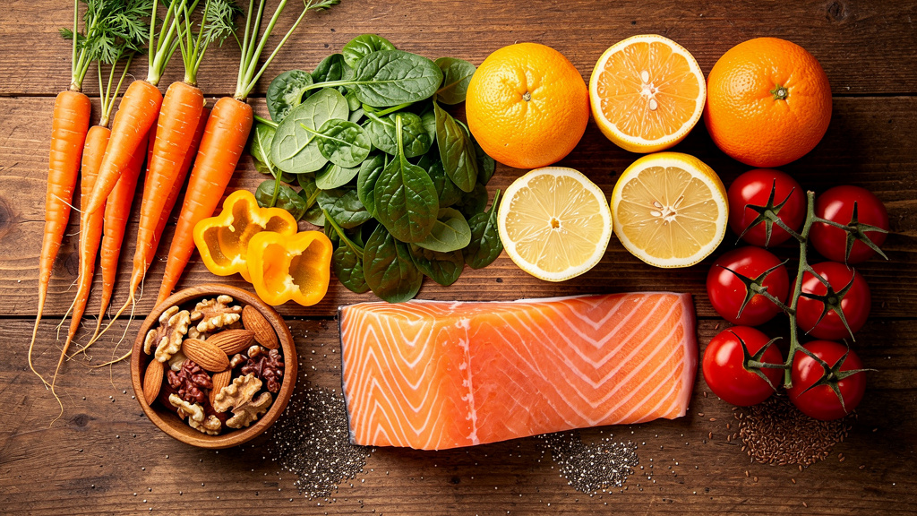Fresh foods containing vitamins and nutrients for eye health
