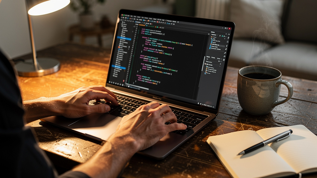 Developer configuring automation workflows on laptop in modern workspace
