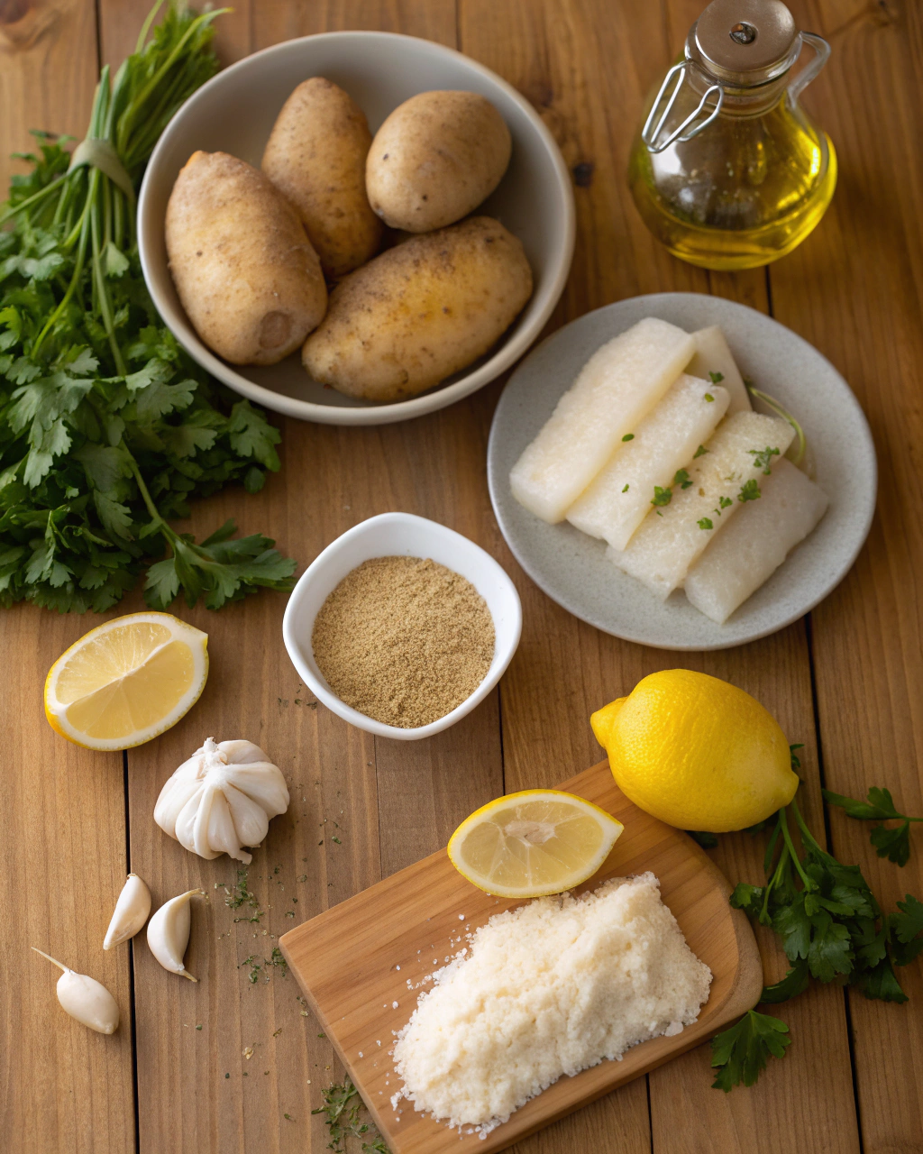 Fresh ingredients for crispy baked potato and cod croquettes including salt cod, russet potatoes, garlic, parsley, and breadcrumbs arranged on a wooden cutting board