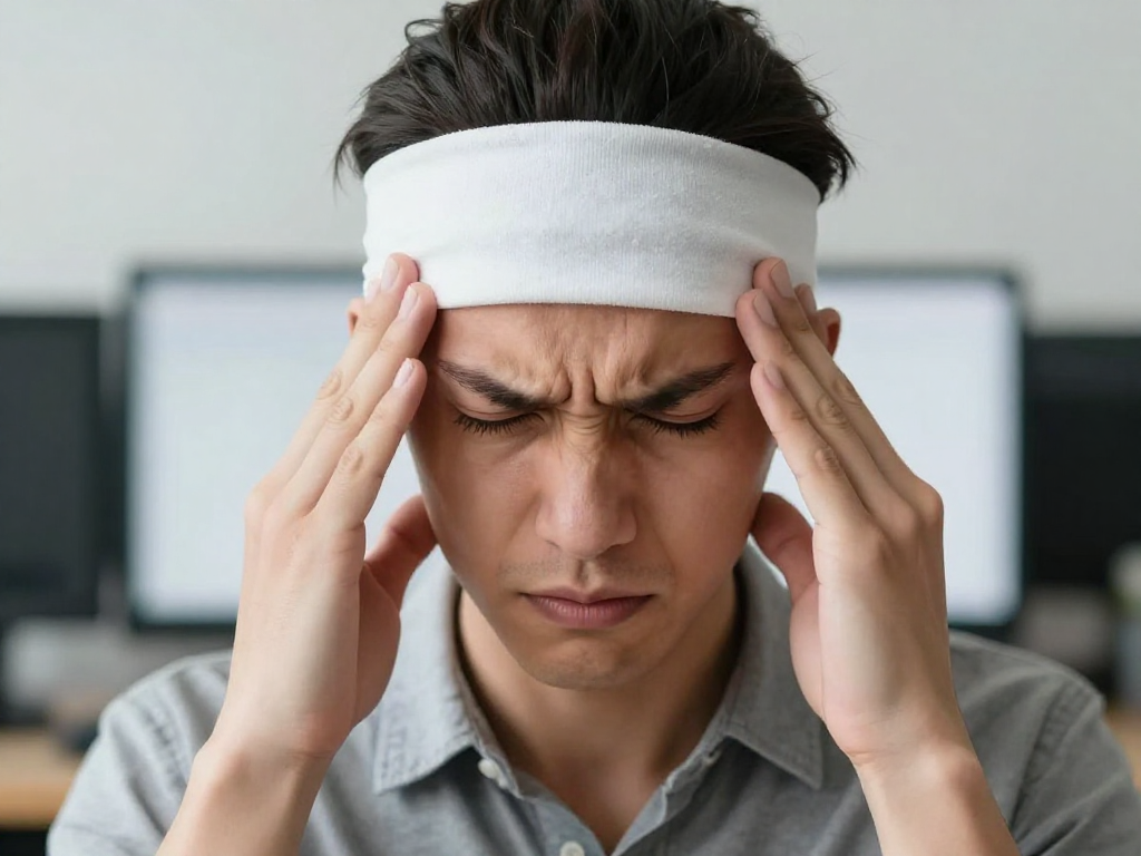 A person with a tight band around their head, representing tension headaches, with a slightly stressed but determined expression. The background is a subtle, blurred office environment with a computer screen.