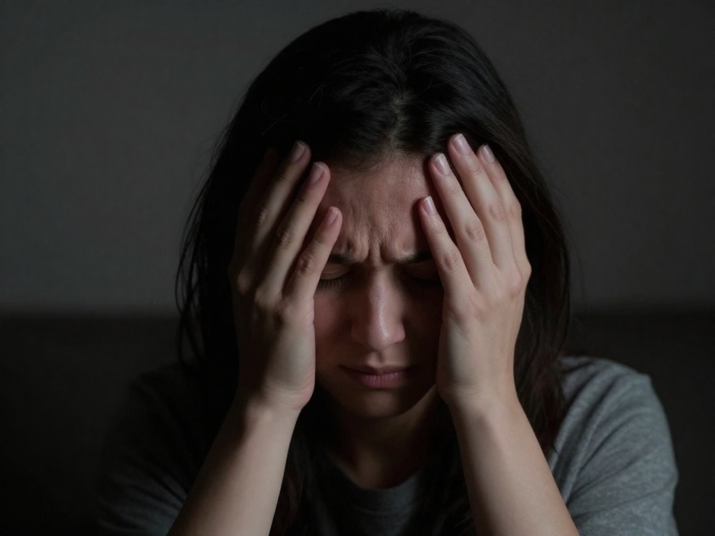 A person holding their head in a dark room, shielded from light, showing a throbbing pain sensation. Soft, muted colors. The focus is on the discomfort and need for quiet.