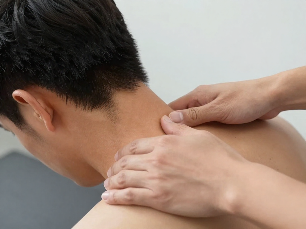 A detailed image of a chiropractor performing a gentle spinal adjustment on a patient's neck, illustrating precision and care. Focus on the hands and the patient's relaxed posture.