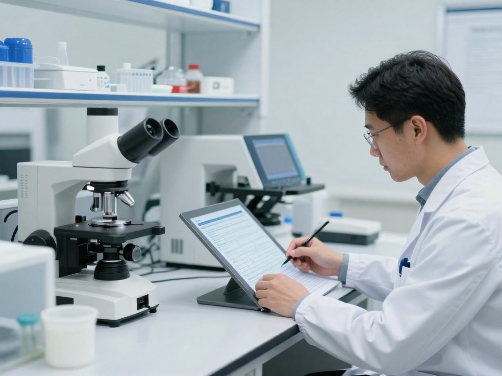 A sophisticated laboratory setting with various diagnostic tools and a scientist meticulously analyzing data, representing the investigative nature of functional medicine. Clean, modern aesthetic.